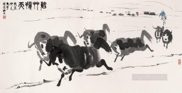  running Oil Painting - Wu zuoren cattle running old China ink
